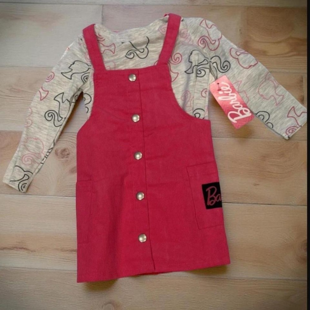 Toddler Girls Barbie 2T Hot Pink Corduroy‎ Jumper Dress & Shirt Set NWT